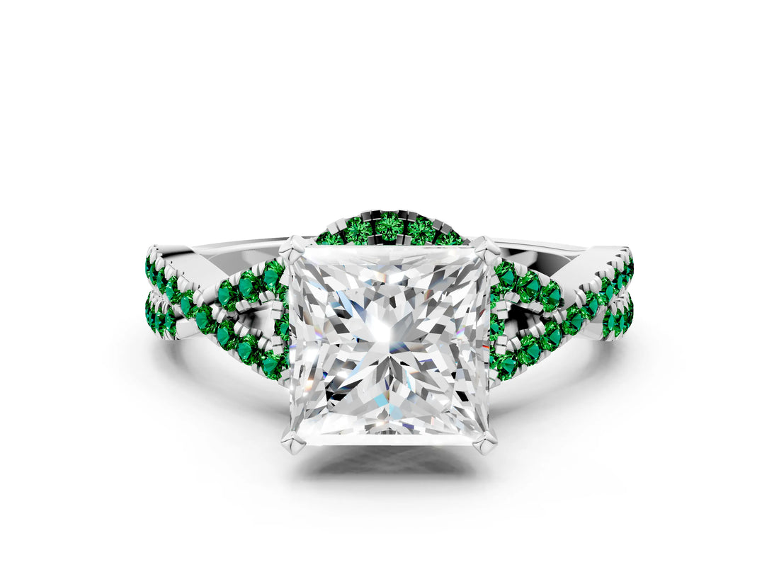 White gold Princess Cut Diamond with Emerald side stone Halo Twist Band Solitaire Prong Setting Ring_24