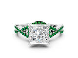 White gold Princess Cut Diamond with Emerald side stone Halo Twist Band Solitaire Prong Setting Ring_24
