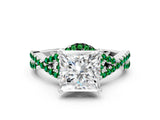 White gold Princess Cut Diamond with Emerald side stone Halo Twist Band Solitaire Prong Setting Ring_36