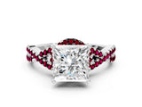 White gold Princess Cut Diamond with Garnet side stone Halo Twist Band Solitaire Prong Setting Ring_24