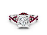 White gold Princess Cut Diamond with Garnet side stone Halo Twist Band Solitaire Prong Setting Ring_30