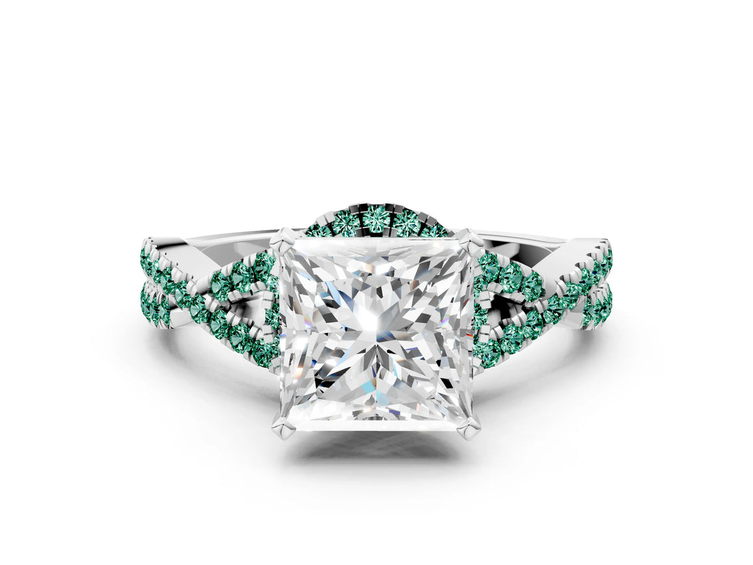 White gold Princess Cut Diamond with Green Sapphire side stone Halo Twist Band Solitaire Prong Setting Ring_24