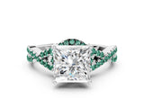 White gold Princess Cut Diamond with Green Sapphire side stone Halo Twist Band Solitaire Prong Setting Ring_24