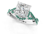 White gold Princess Cut Diamond with Green Sapphire side stone Halo Twist Band Solitaire Prong Setting Ring_25