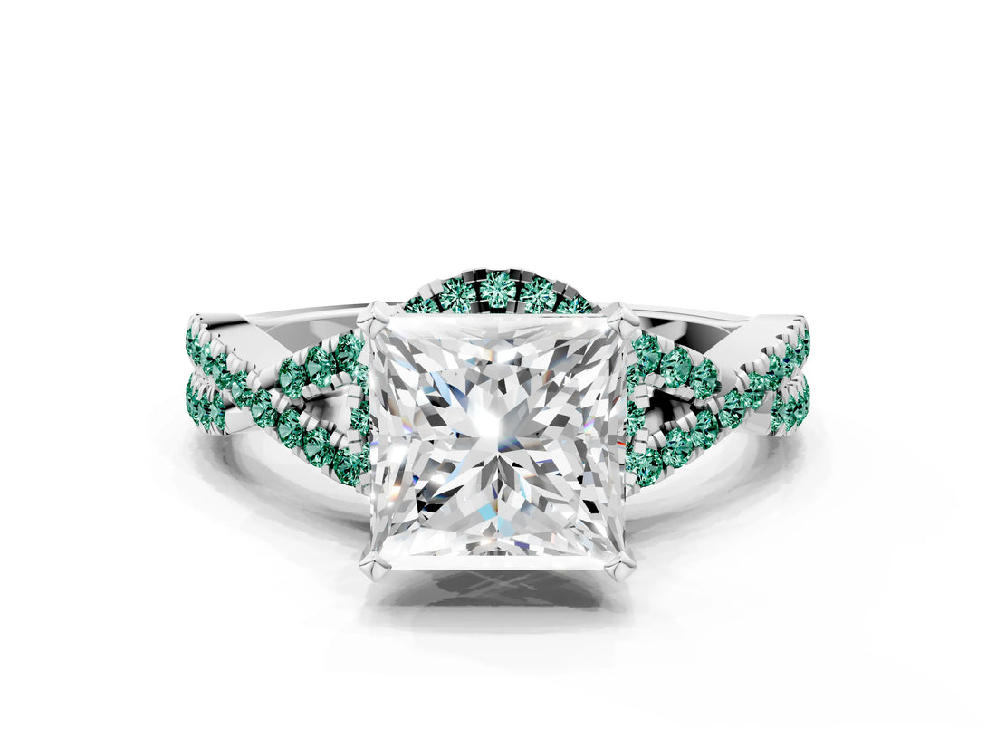 White gold Princess Cut Diamond with Green Sapphire side stone Halo Twist Band Solitaire Prong Setting Ring_36