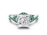 White gold Princess Cut Diamond with Green Sapphire side stone Halo Twist Band Solitaire Prong Setting Ring_36