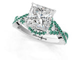 White gold Princess Cut Diamond with Green Sapphire side stone Halo Twist Band Solitaire Prong Setting Ring_37