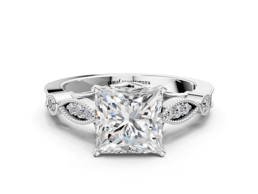 White gold Princess Cut Diamond with Milgrain Marquise and Bezel Accents on a Solitaire Band with Prong Setting_254