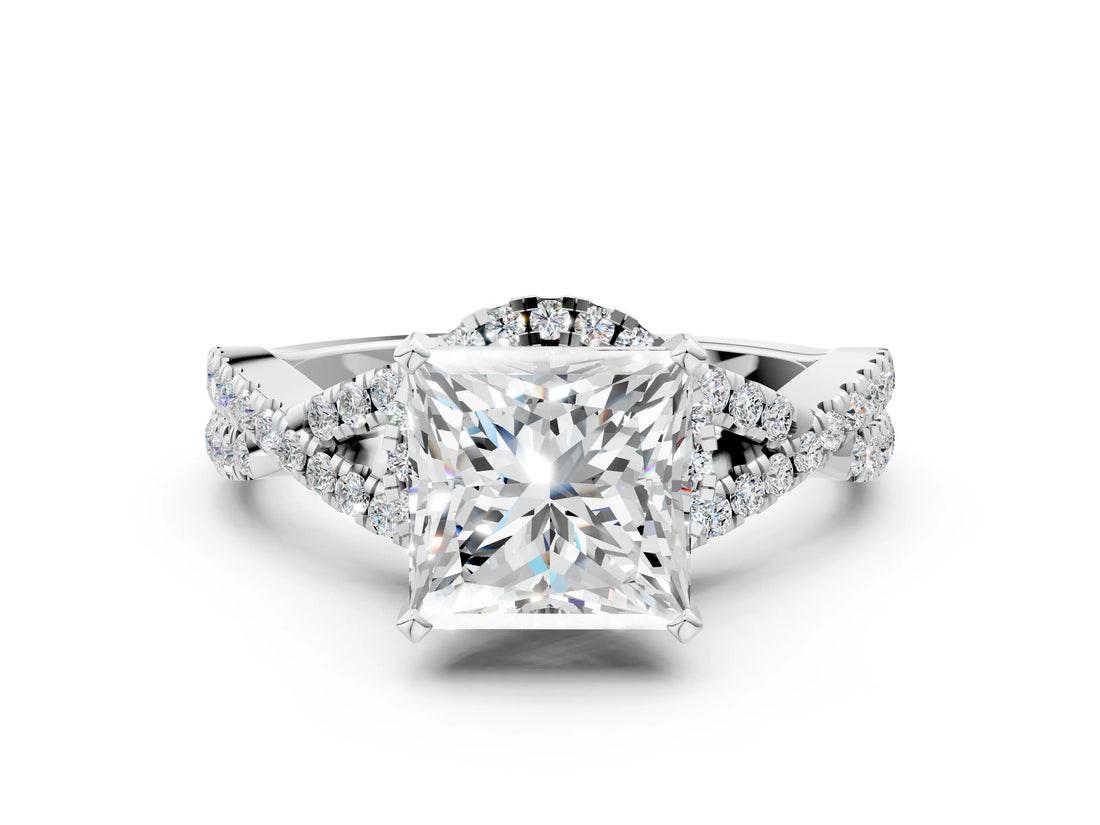 White gold Princess Cut Diamond with Moissanite side stone Halo Twist Band Solitaire Prong Setting Ring_31