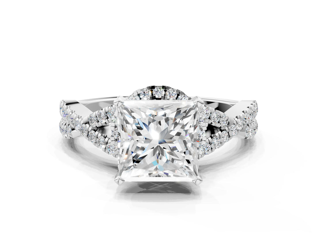 White gold Princess Cut Diamond with Moissanite side stone Halo Twist Band Solitaire Prong Setting Ring_43