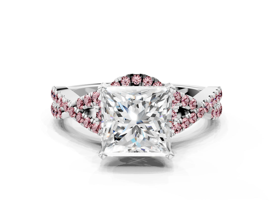 White gold Princess Cut Diamond with Morganite side stone Halo Twist Band Solitaire Prong Setting Ring_12
