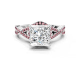 White gold Princess Cut Diamond with Morganite side stone Halo Twist Band Solitaire Prong Setting Ring_12