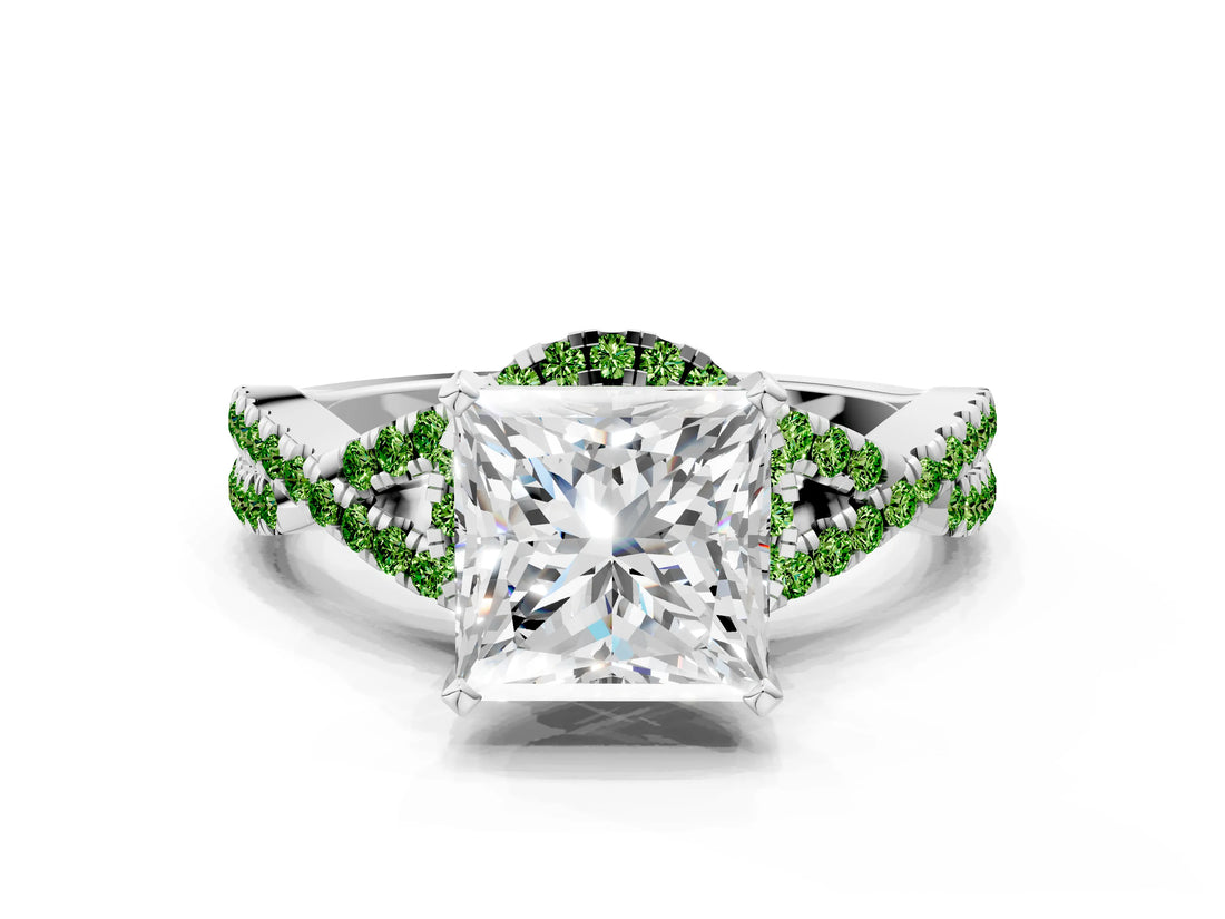 White gold Princess Cut Diamond with Peridot side stone Halo Twist Band Solitaire Prong Setting Ring_12