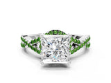 White gold Princess Cut Diamond with Peridot side stone Halo Twist Band Solitaire Prong Setting Ring_12