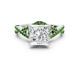 White gold Princess Cut Diamond with Peridot side stone Halo Twist Band Solitaire Prong Setting Ring_24