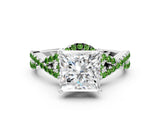 White gold Princess Cut Diamond with Peridot side stone Halo Twist Band Solitaire Prong Setting Ring_30