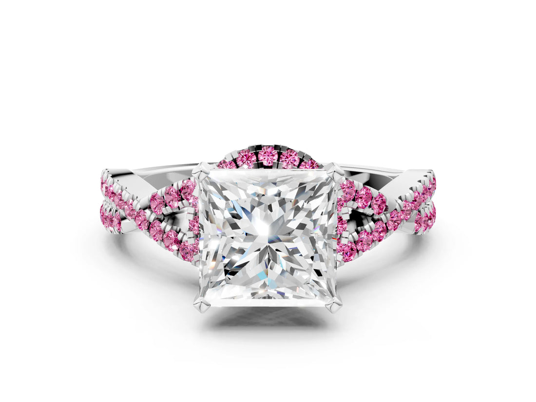 White gold Princess Cut Diamond with Pink Sapphire side stone Halo Twist Band Solitaire Prong Setting Ring_24