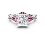 White gold Princess Cut Diamond with Pink Sapphire side stone Halo Twist Band Solitaire Prong Setting Ring_24