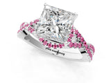 White gold Princess Cut Diamond with Pink Sapphire side stone Halo Twist Band Solitaire Prong Setting Ring_25
