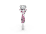 White gold Princess Cut Diamond with Pink Sapphire side stone Halo Twist Band Solitaire Prong Setting Ring_26