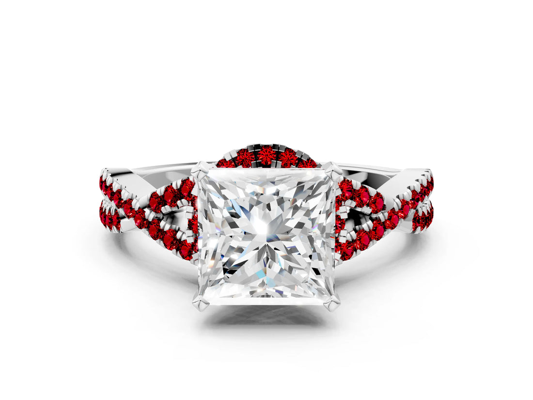 White gold Princess Cut Diamond with Ruby side stone Halo Twist Band Solitaire Prong Setting Ring_12
