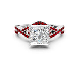 White gold Princess Cut Diamond with Ruby side stone Halo Twist Band Solitaire Prong Setting Ring_24