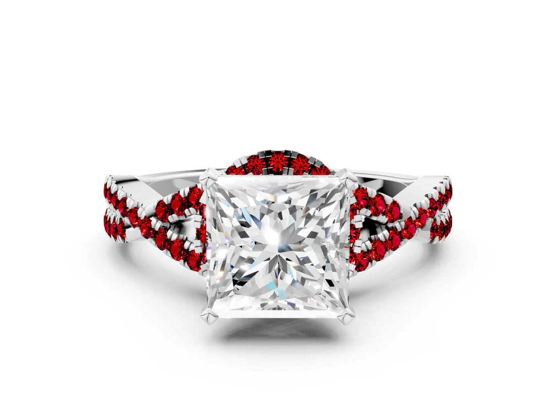 White gold Princess Cut Diamond with Ruby side stone Halo Twist Band Solitaire Prong Setting Ring_30