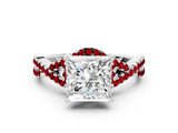 White gold Princess Cut Diamond with Ruby side stone Halo Twist Band Solitaire Prong Setting Ring_30