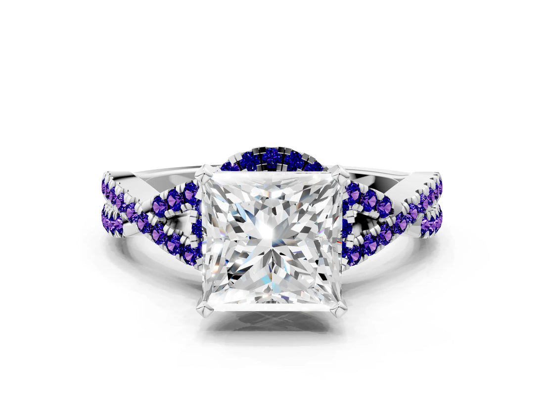 White gold Princess Cut Diamond with Tanzanite side stone Halo Twist Band Solitaire Prong Setting Ring_12