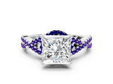 White gold Princess Cut Diamond with Tanzanite side stone Halo Twist Band Solitaire Prong Setting Ring_12