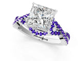 White gold Princess Cut Diamond with Tanzanite side stone Halo Twist Band Solitaire Prong Setting Ring_13