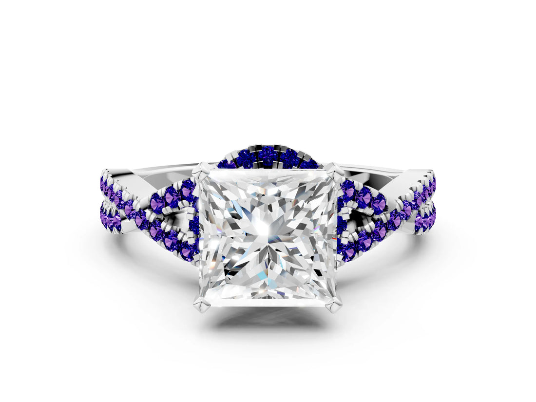 White gold Princess Cut Diamond with Tanzanite side stone Halo Twist Band Solitaire Prong Setting Ring_30