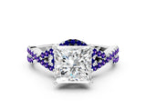 White gold Princess Cut Diamond with Tanzanite side stone Halo Twist Band Solitaire Prong Setting Ring_30