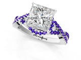 White gold Princess Cut Diamond with Tanzanite side stone Halo Twist Band Solitaire Prong Setting Ring_31