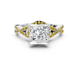 White gold Princess Cut Diamond with Yellow Sapphire side stone Halo Twist Band Solitaire Prong Setting Ring_12