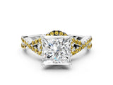 White gold Princess Cut Diamond with Yellow Sapphire side stone Halo Twist Band Solitaire Prong Setting Ring_25