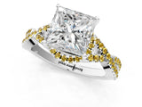 White gold Princess Cut Diamond with Yellow Sapphire side stone Halo Twist Band Solitaire Prong Setting Ring_26