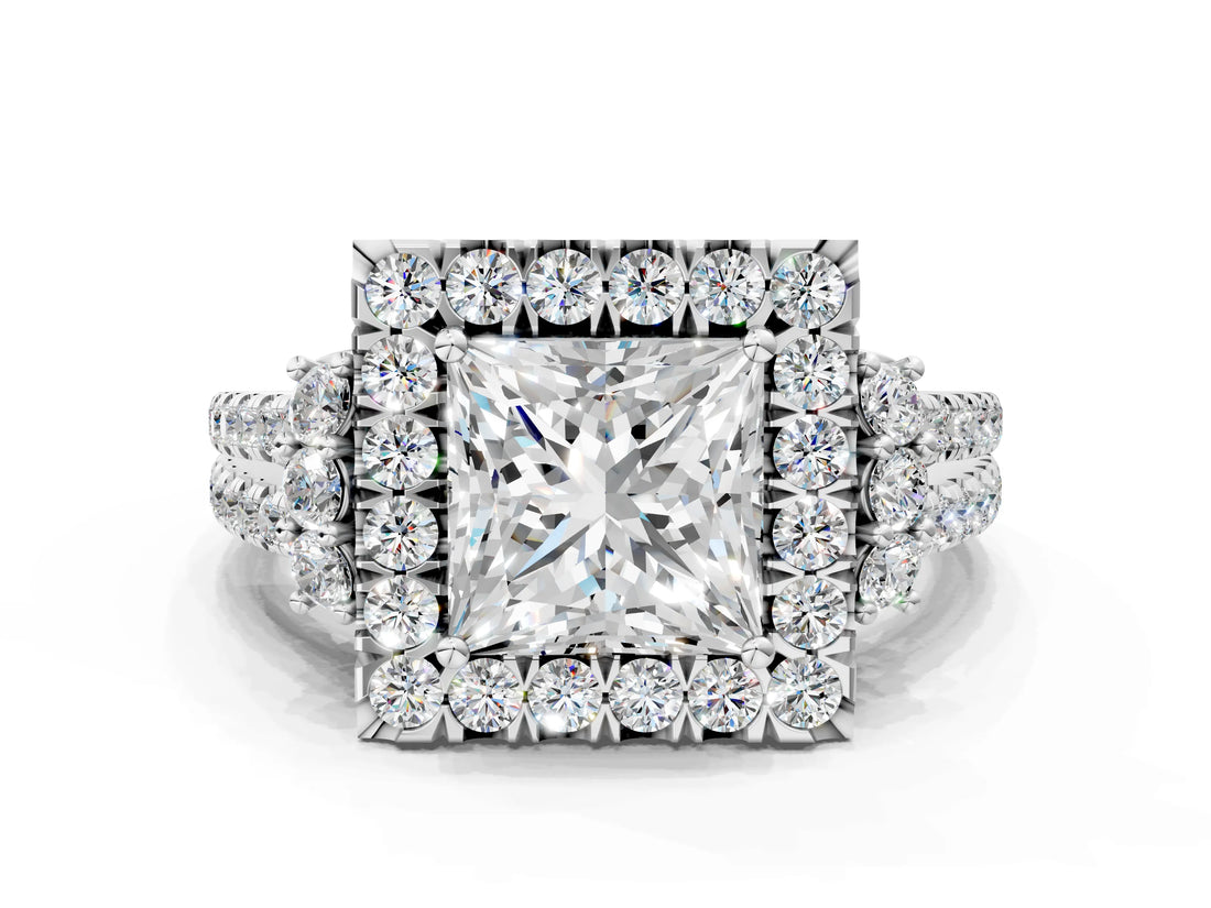 White gold Princess Cut Double Halo Diamond Engagement Ring with Pave Band and Four-Prong Setting_43
