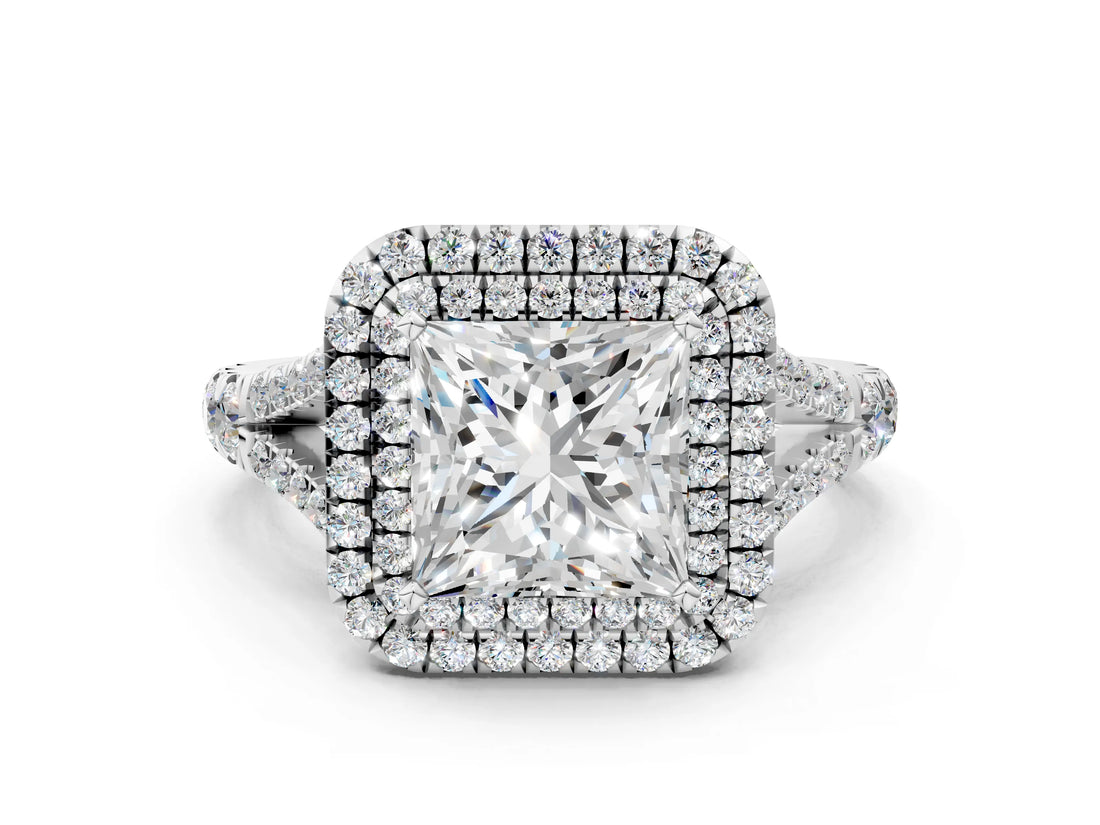 White gold Princess Cut Double Halo Split Shank Diamond Ring with Prong Setting_49