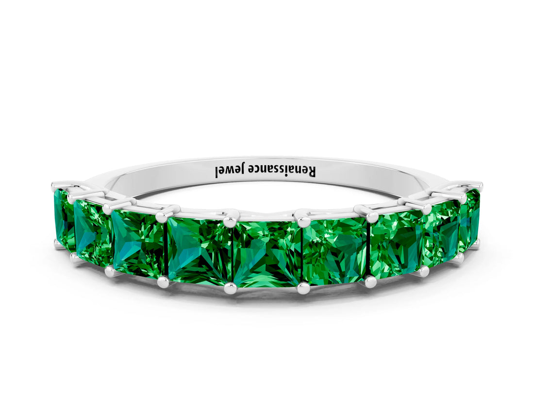 White gold Princess Cut Emerald Channel-Set Eternity Band with Prong Setting_6