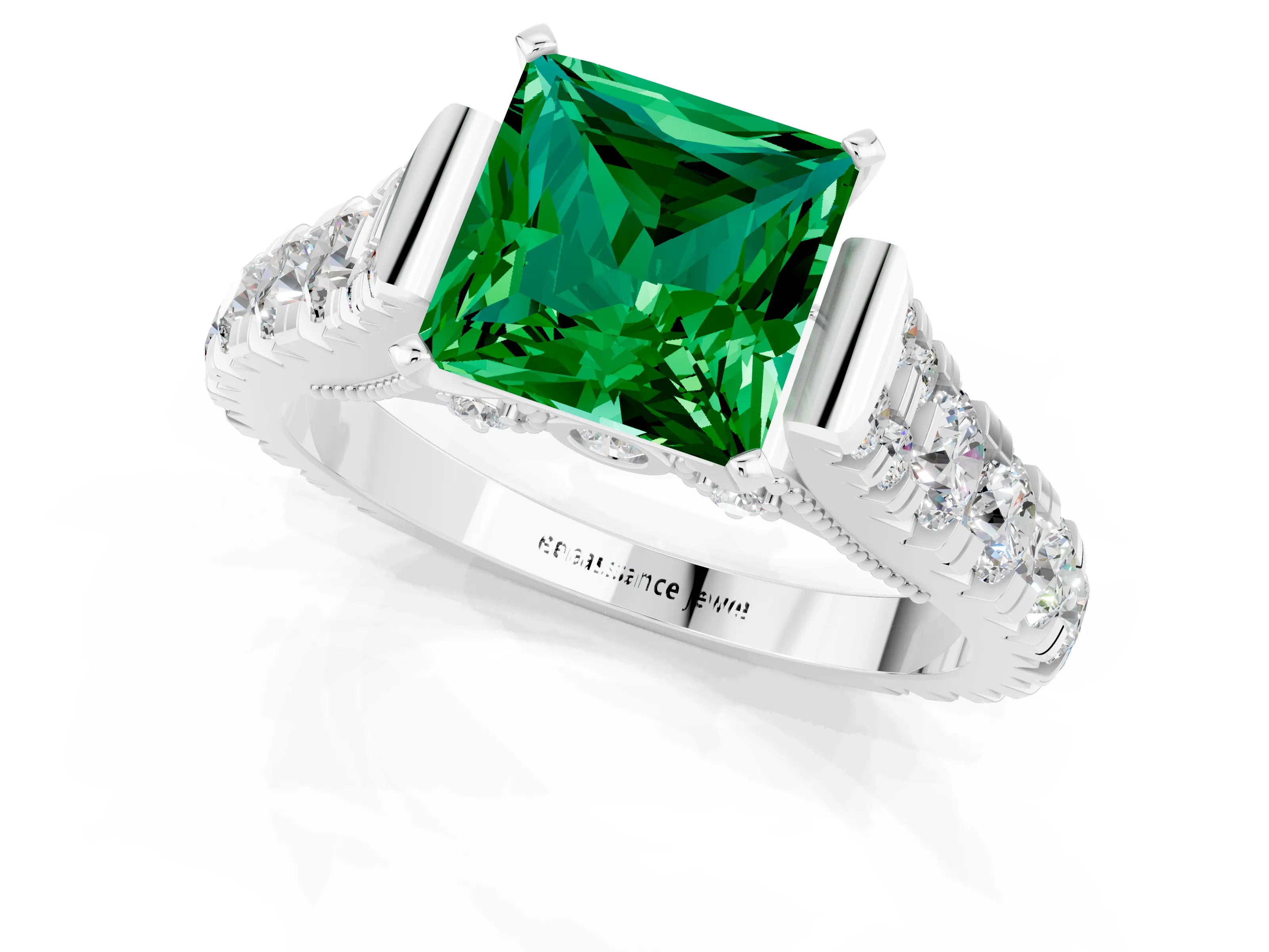 White gold Princess Cut Emerald Classic Solitaire Ring with Pavé Band and Four-Prong Setting_1