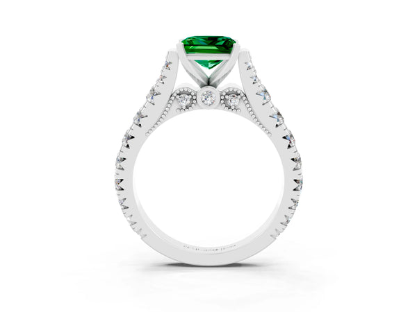 Platinum Princess Cut Emerald Classic Solitaire Ring with Pavé Band and Four-Prong Setting