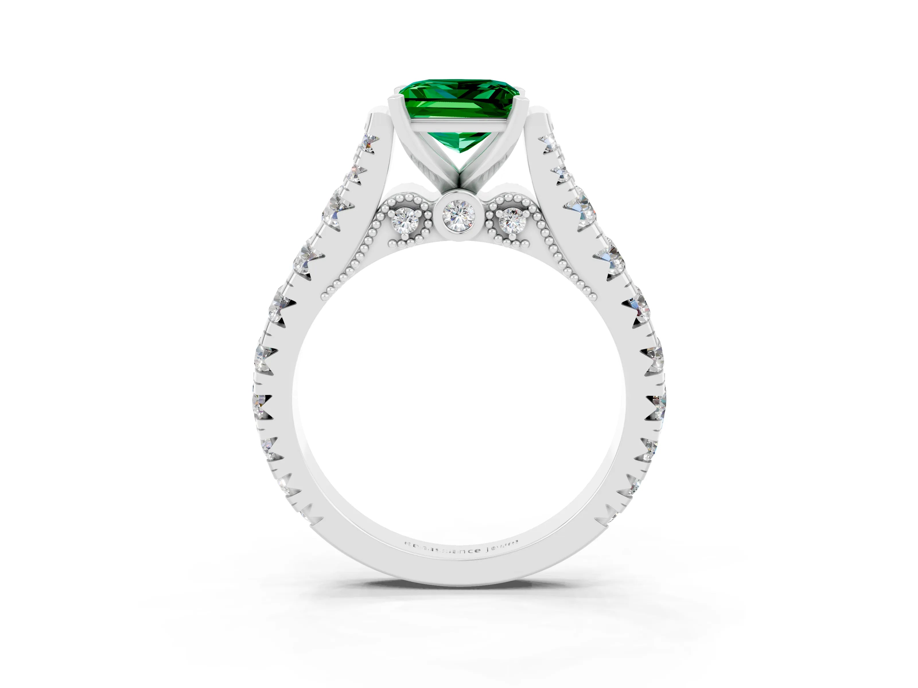White gold Princess Cut Emerald Classic Solitaire Ring with Pavé Band and Four-Prong Setting_3