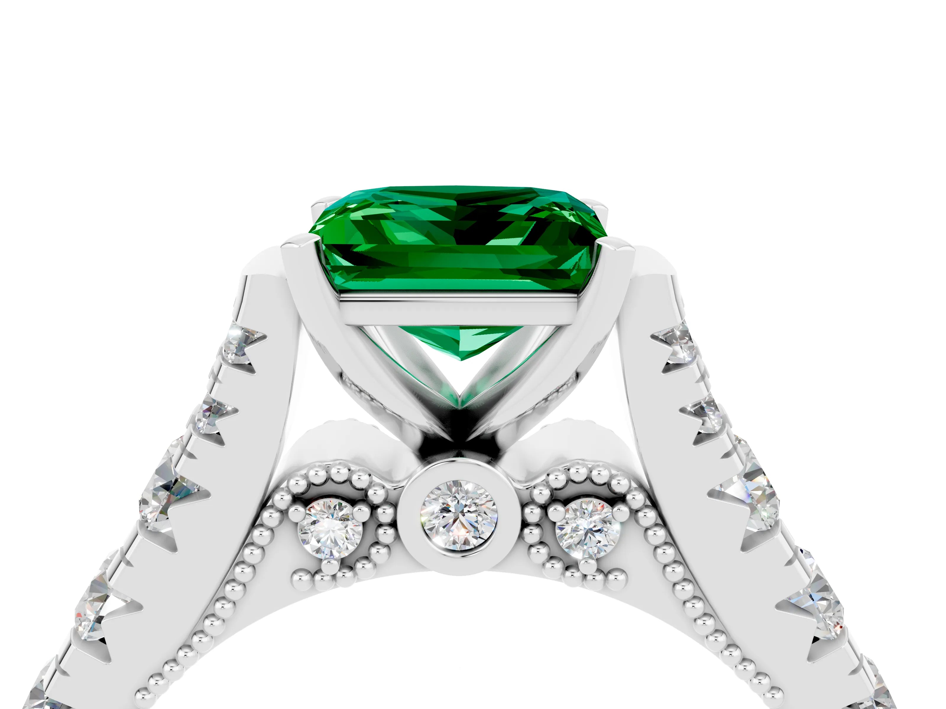 White gold Princess Cut Emerald Classic Solitaire Ring with Pavé Band and Four-Prong Setting_4