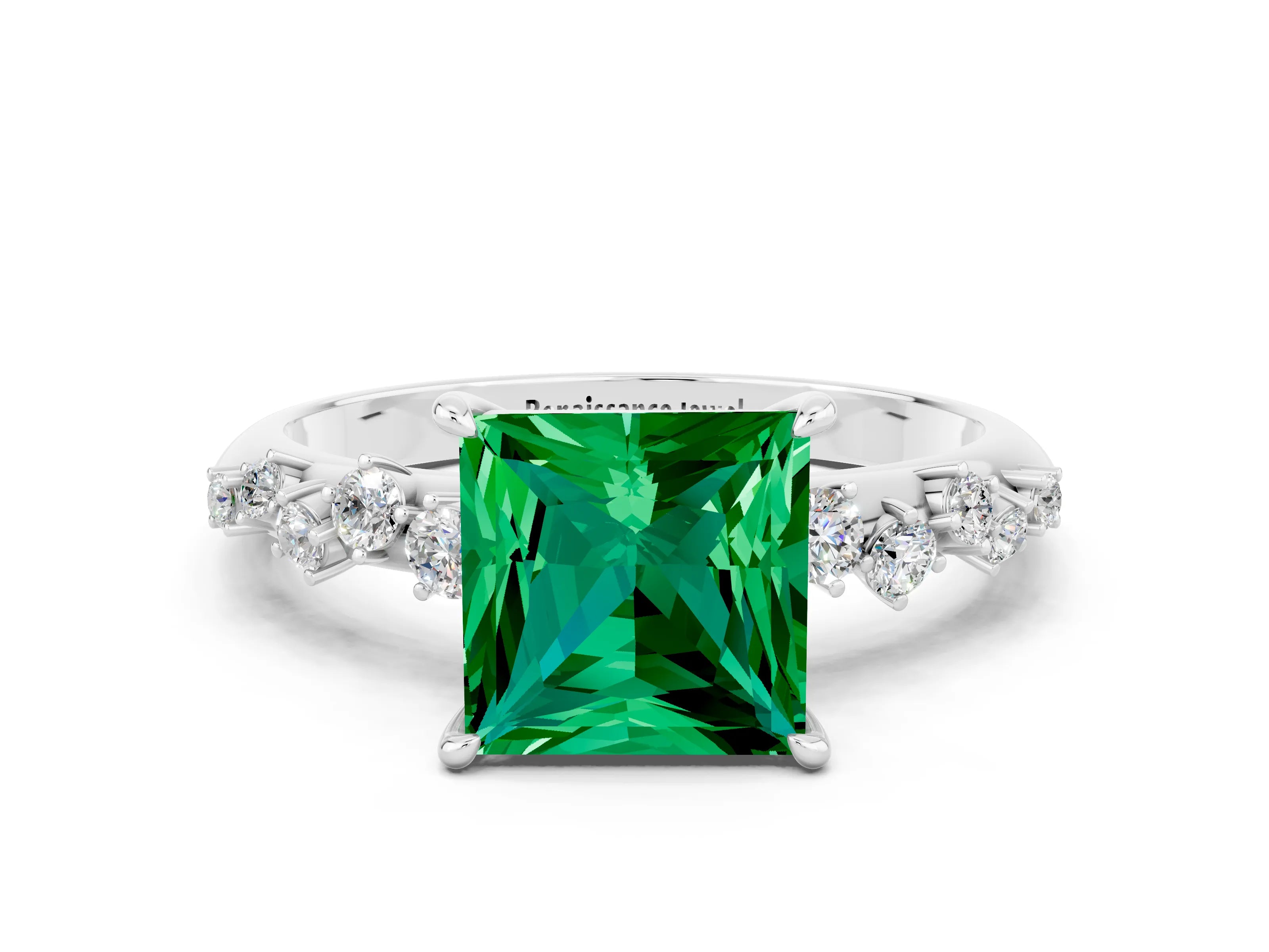 White gold Princess Cut Emerald Cluster Side Stone Solitaire Ring with Prong Setting_24