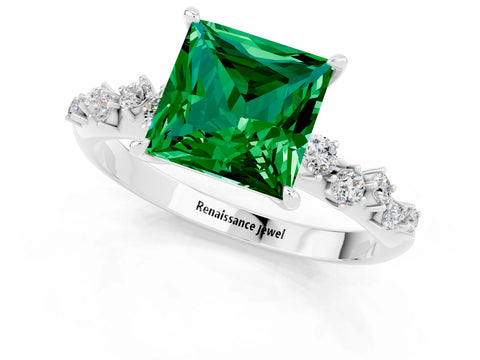White gold Princess Cut Emerald Cluster Side Stone Solitaire Ring with Prong Setting_25