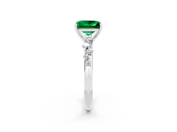 Silver Princess Cut Emerald Cluster Side Stone Solitaire Ring with Prong Setting