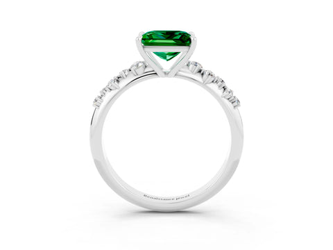 White gold Princess Cut Emerald Cluster Side Stone Solitaire Ring with Prong Setting_27