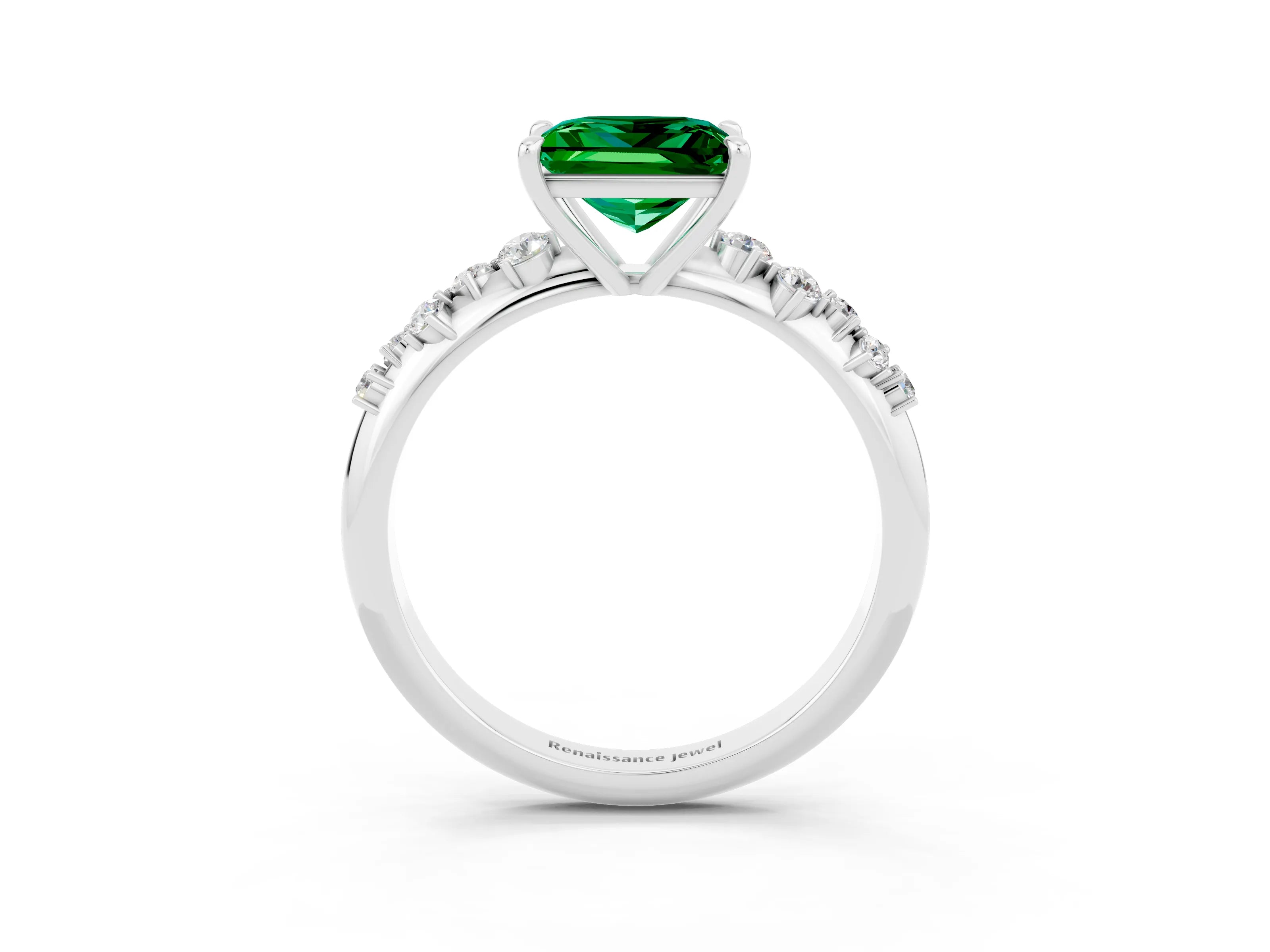 White gold Princess Cut Emerald Cluster Side Stone Solitaire Ring with Prong Setting_27