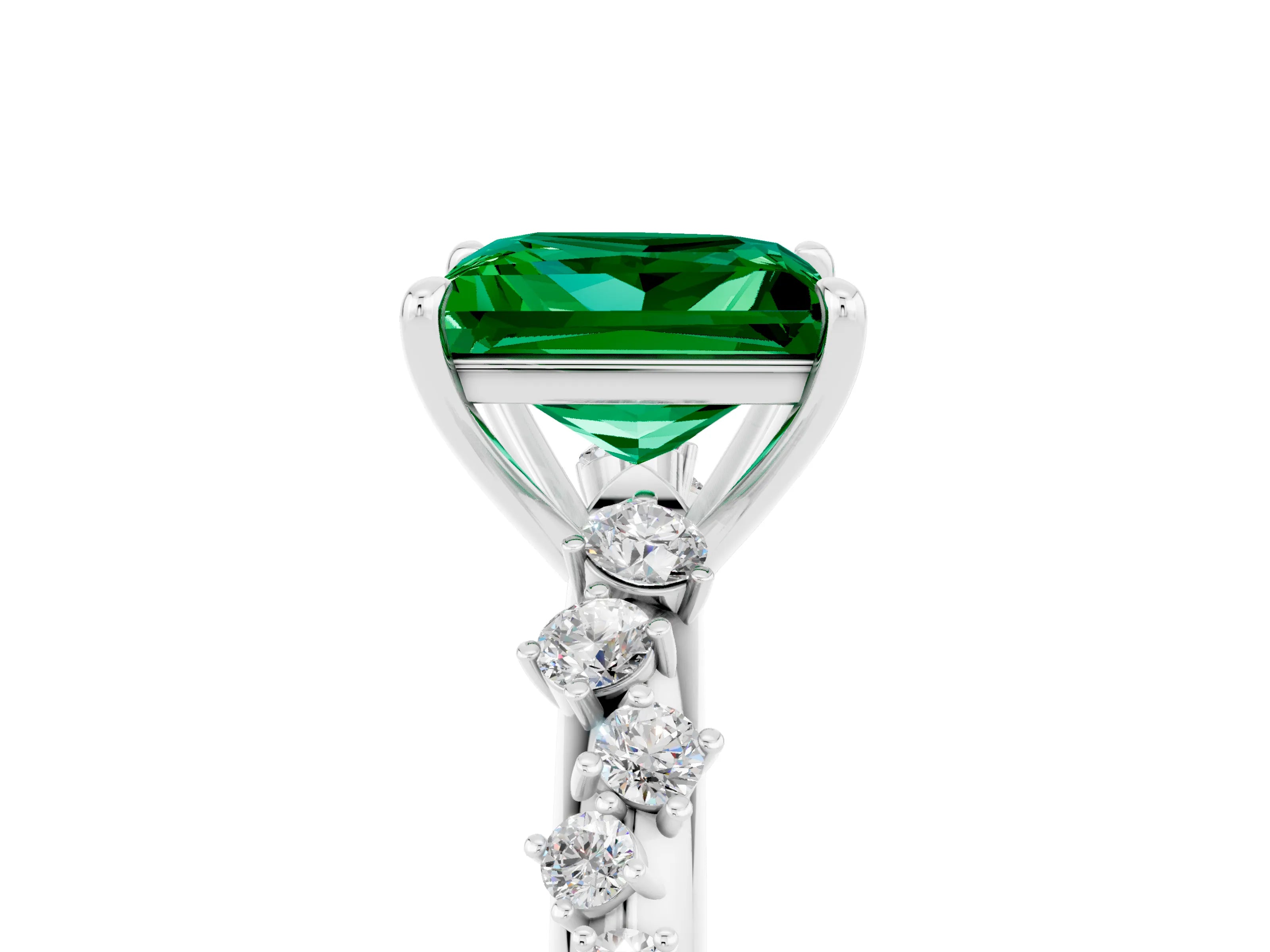 White gold Princess Cut Emerald Cluster Side Stone Solitaire Ring with Prong Setting_29